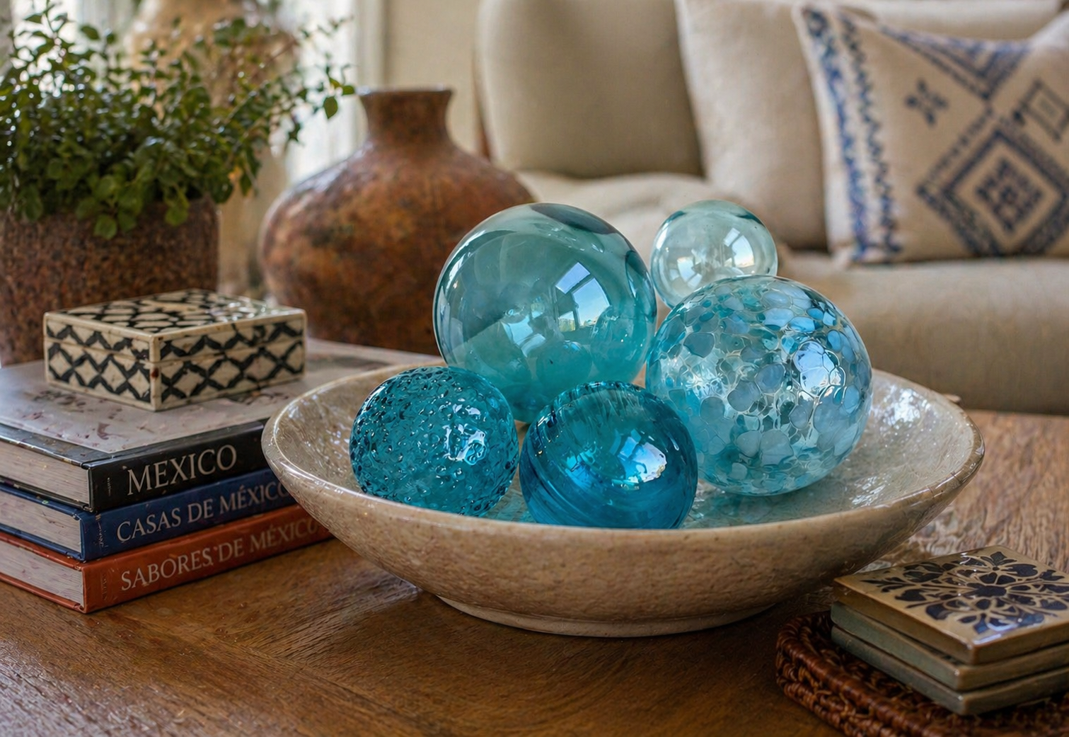 AQUA SPECKLED Set of 5 Decorative Glass Balls