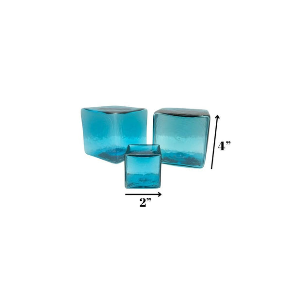 hollow Glass CUBES SET/3 AQUA 4 inch & AQUA 2 inch-Worldly Goods Too