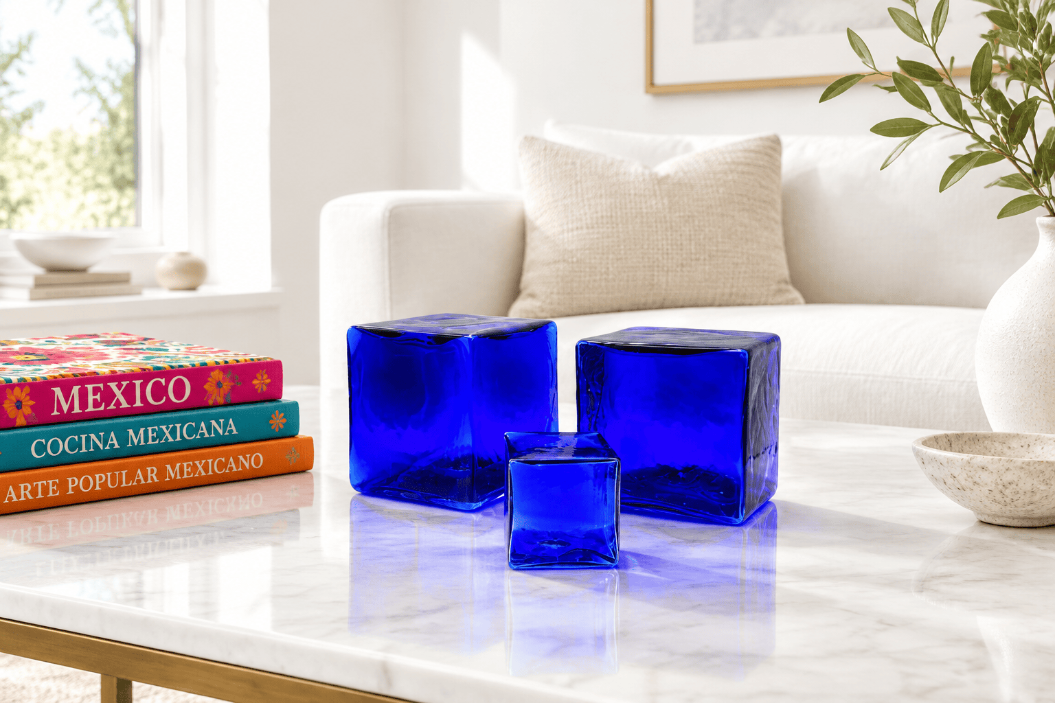 hollow Glass CUBES SET/3 COBALT 4 inch & 2 inch