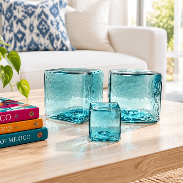 hollow Glass CUBES SET/3 SKY 4 inch SKY 2 inch-Worldly Goods Too