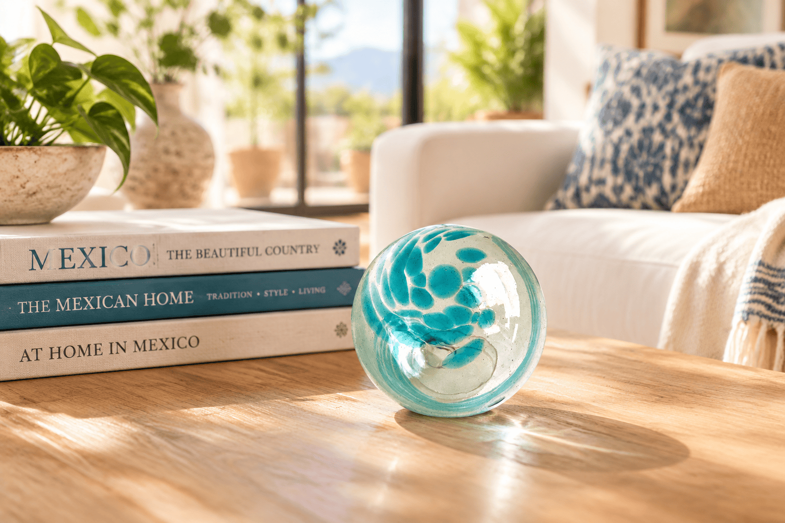 Aqua Dot & Dash 3-inch Glass Ball-Worldly Goods Too