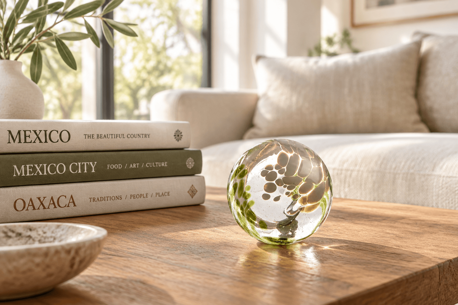 Olive/White Dot & Dash 3-inch Glass Ball-Worldly Goods Too