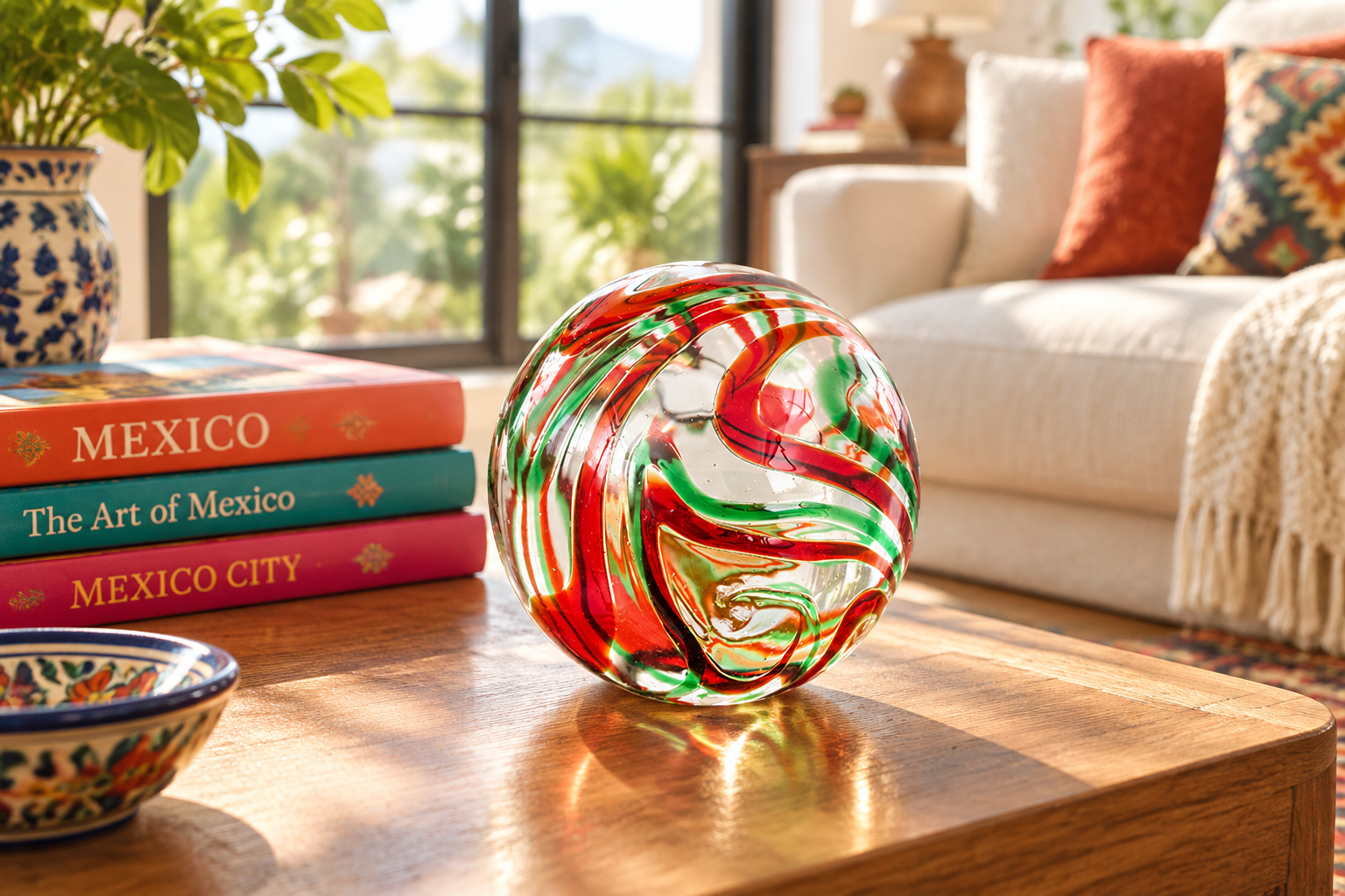 Red & Green Swirl Clear 4.5-inch Glass Ball
