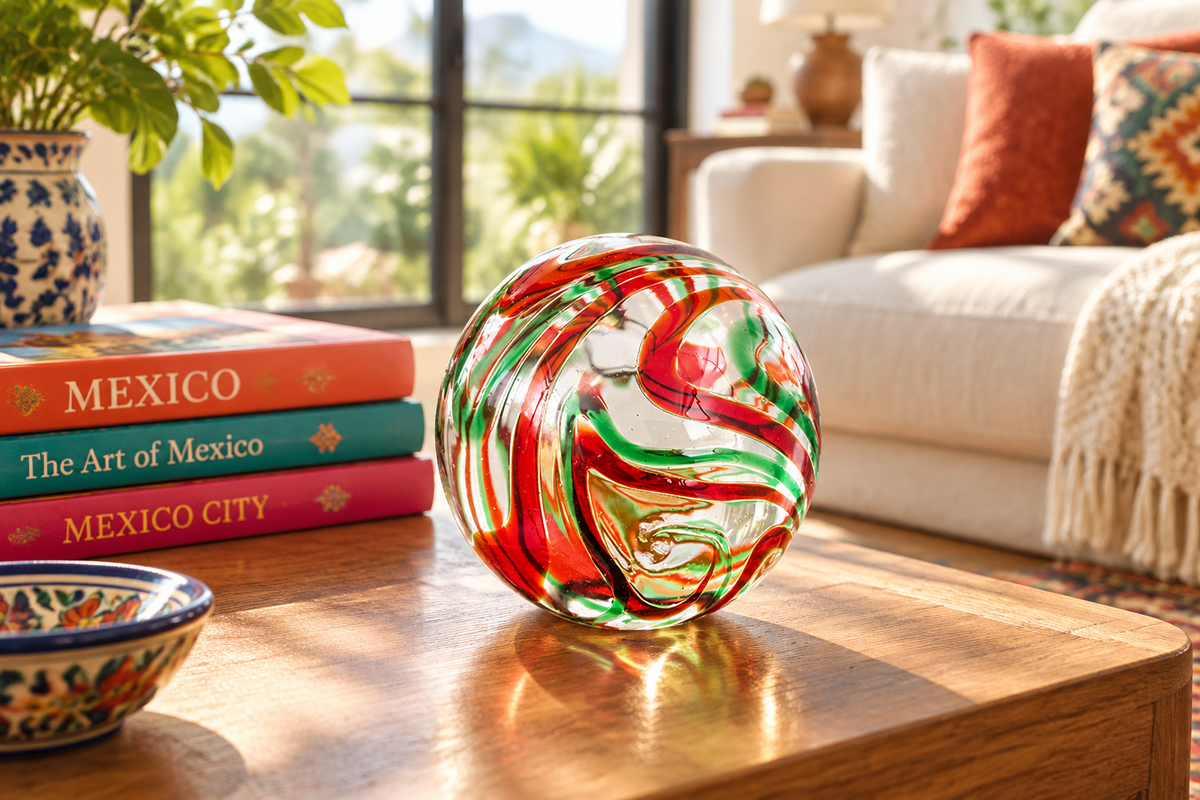 Red & Green Swirl Clear 4.5-inch Glass Ball-Worldly Goods Too