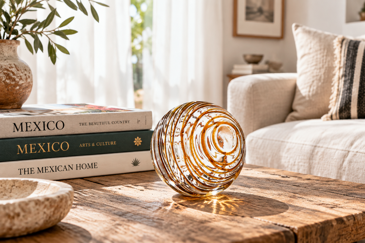 Amber Threads Clear 4.5-inch Glass Ball-Worldly Goods Too