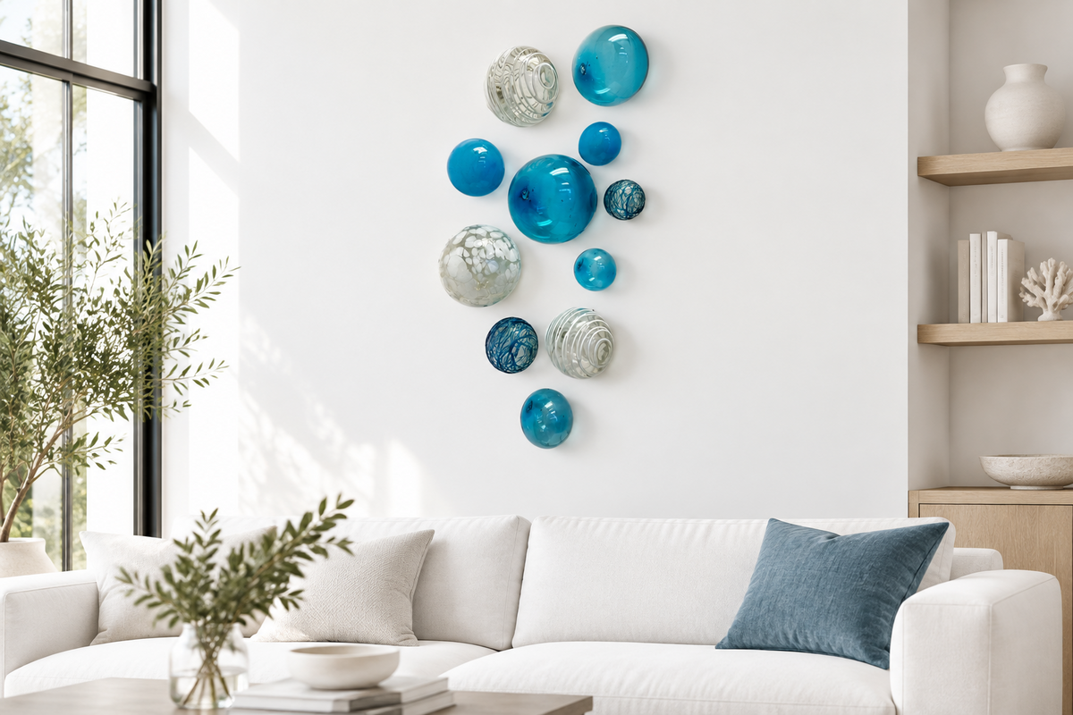 Aqua & White Decorative Glass Balls, Wall Art Decor