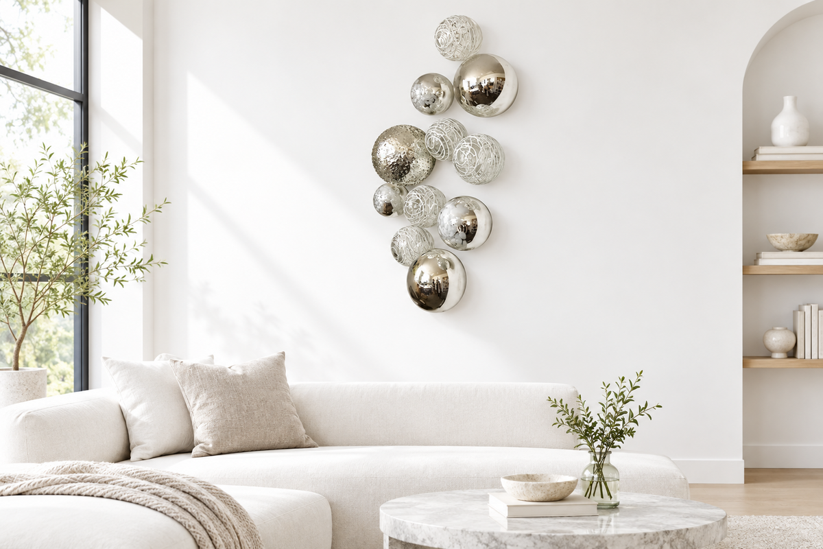 Silver & Wht.Decorative Glass Balls, Wall Art Decor Lg.