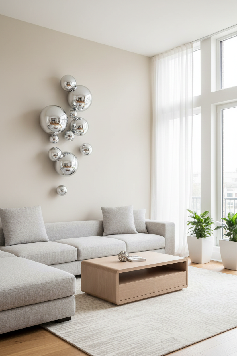 Set of silver metallic spheres of various sizes on a white background