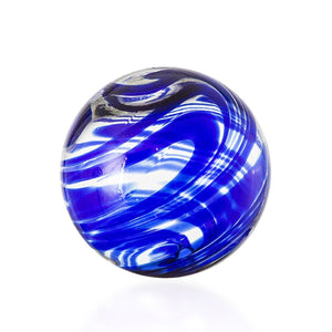 4.5"  CLEAR W/COBALT SWIRL Glass Ball - Worldly Goods Too