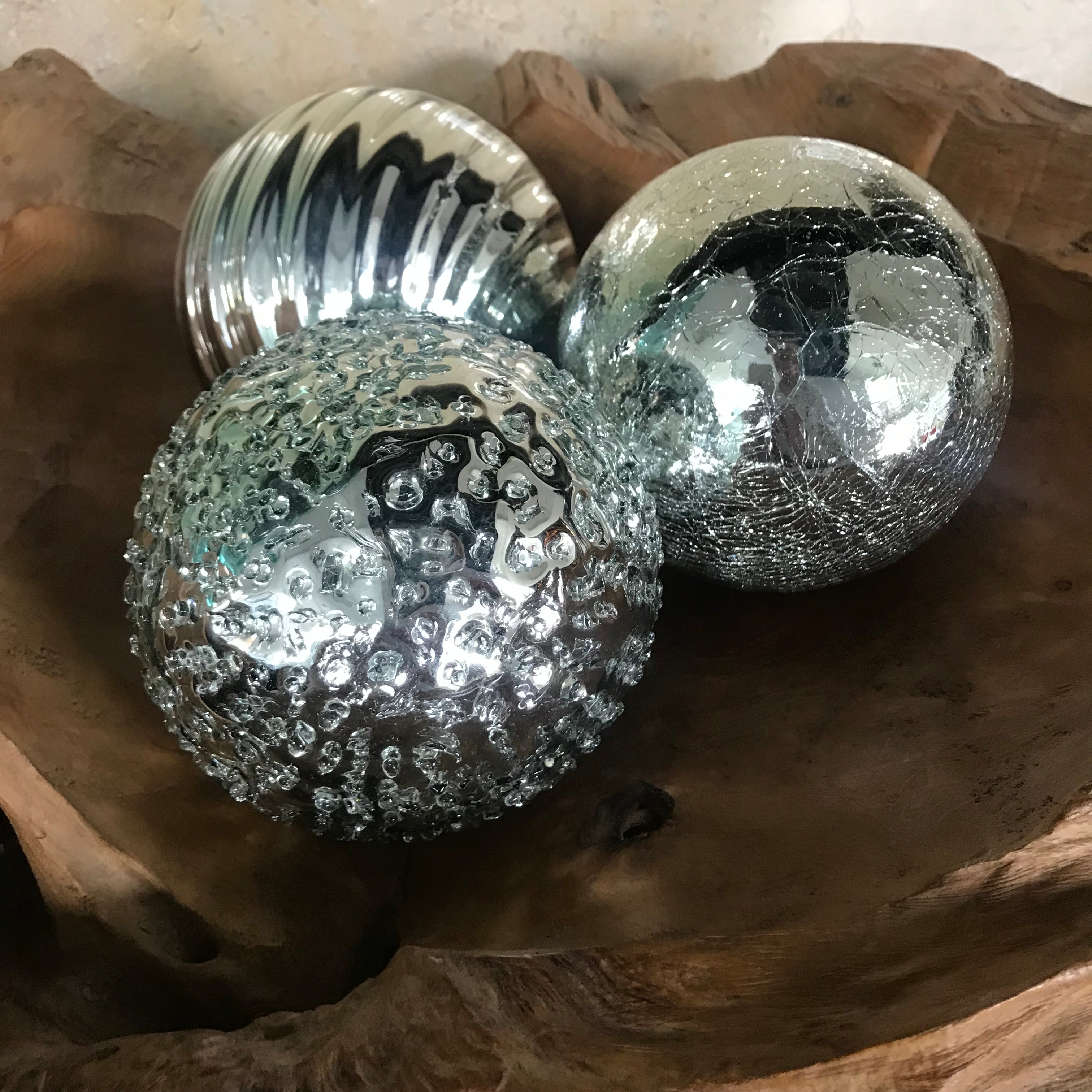 SPHERE SET/3-SILVER GLASS BALLS - Worldly Goods Too