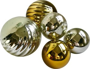Sphere Set of 5 - Silver & Gold GLASS BALLS - Worldly Goods Too